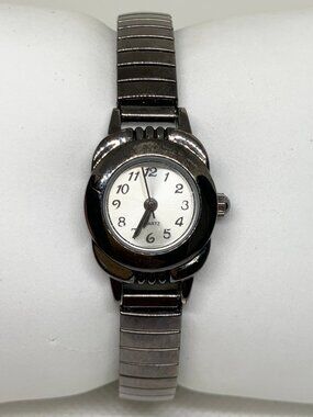 Women’s black tone wrist watch 19mm quartz analog stretch band size 7” running